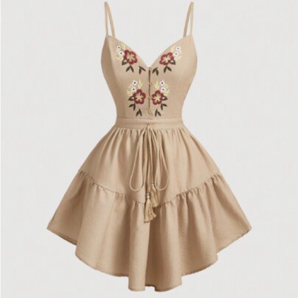 SHEIN Tan Floral Embroidered Mini Dress/ size S